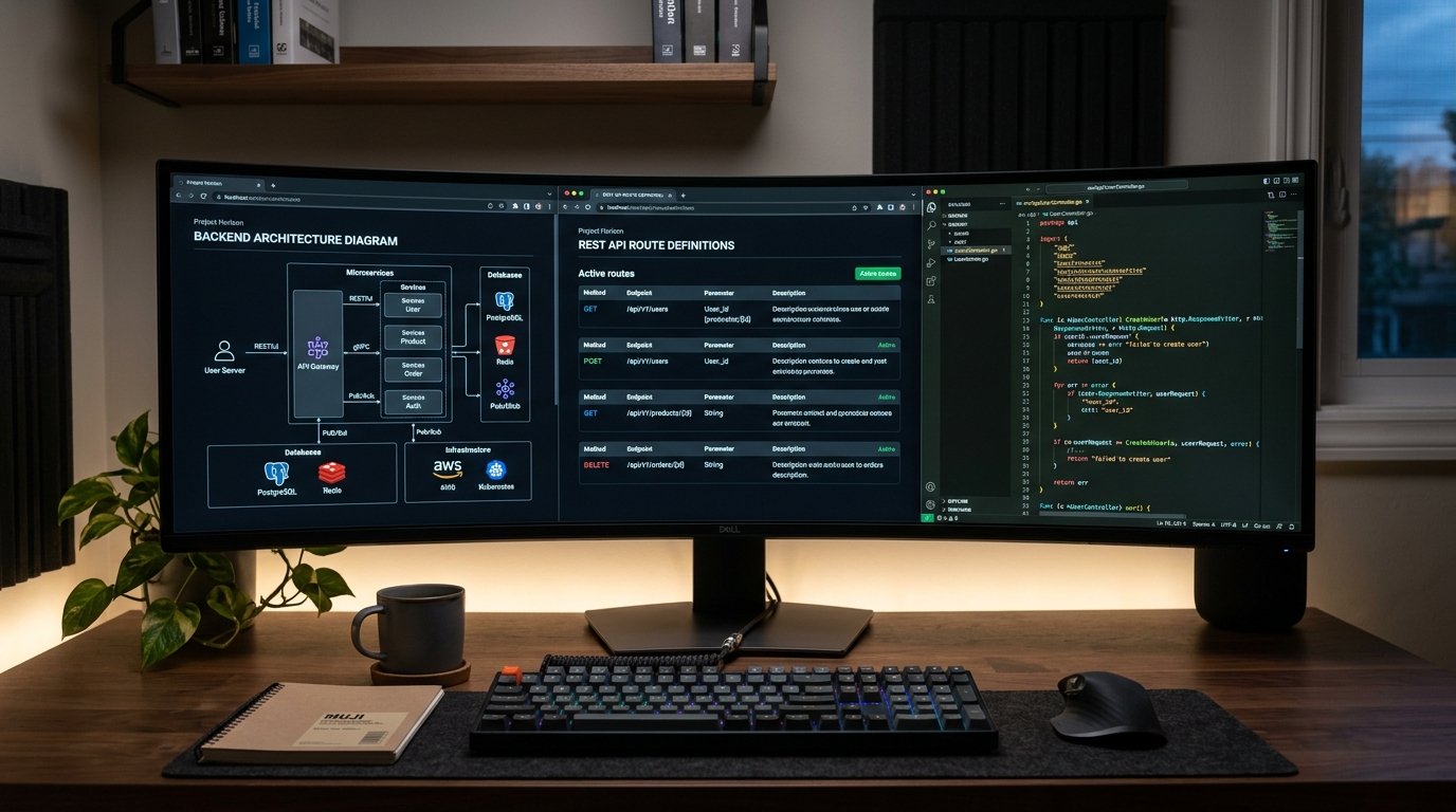 Backend architecture diagram, REST API endpoint definitions and code on a modern monitor