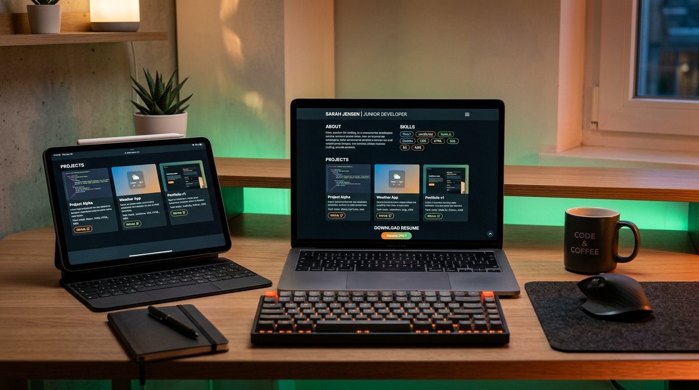 Fresher developer portfolio website displayed on a laptop and tablet with project cards and skills