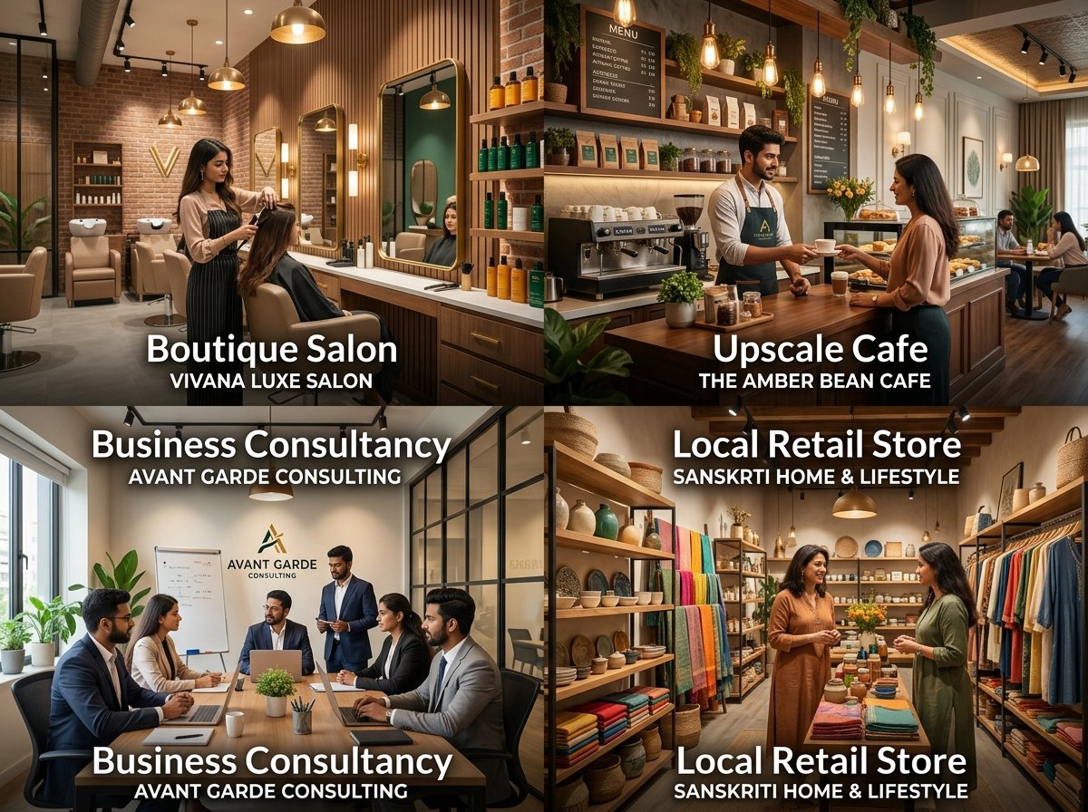 Showcase of Indian local businesses thriving with websites: salon, cafe, consultancy, and retail store
