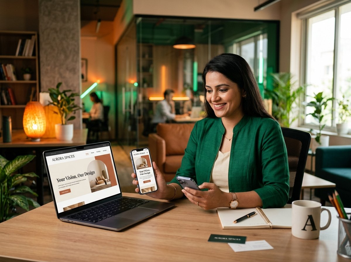 Modern Indian business owner viewing her responsive business website on laptop and mobile