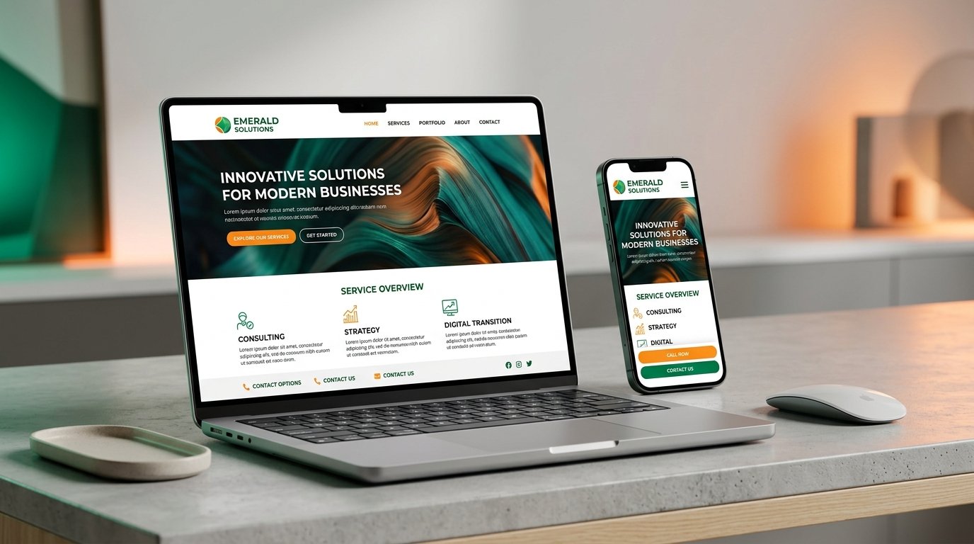 Laptop and mobile displaying clean responsive static business website mockup